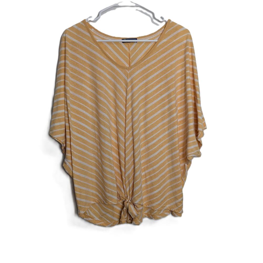 Women's Democracy V-Neck Blouse White/Yellow Stripe Tie Bottom Size 2X